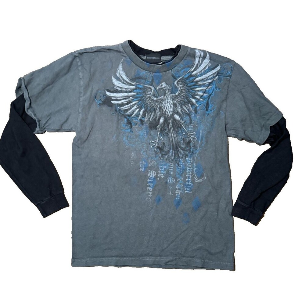 Y2K Hybrid Tees Layered Cyber Grunge Bird Wings Graphic Top Medium